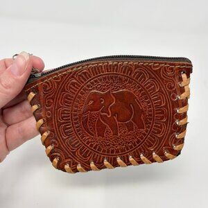 Vintage Handmade Brown Leather Tooled Embossed Elephant Zipper Coin Purse Wallet